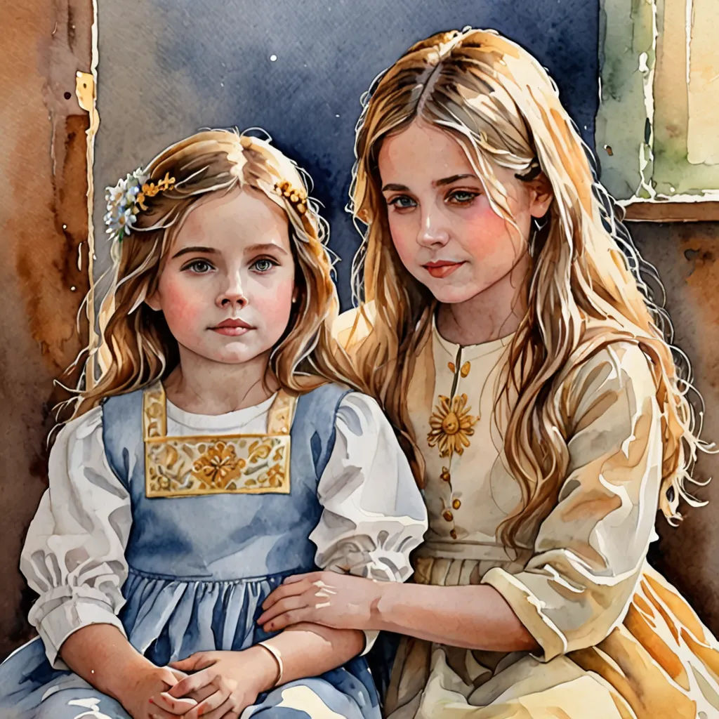 a painting of two girls sitting next to each other on a chair together, one of them is wearing a blue dress, Caroline Lucy Scott, figurative art, a watercolor painting, detailed painting