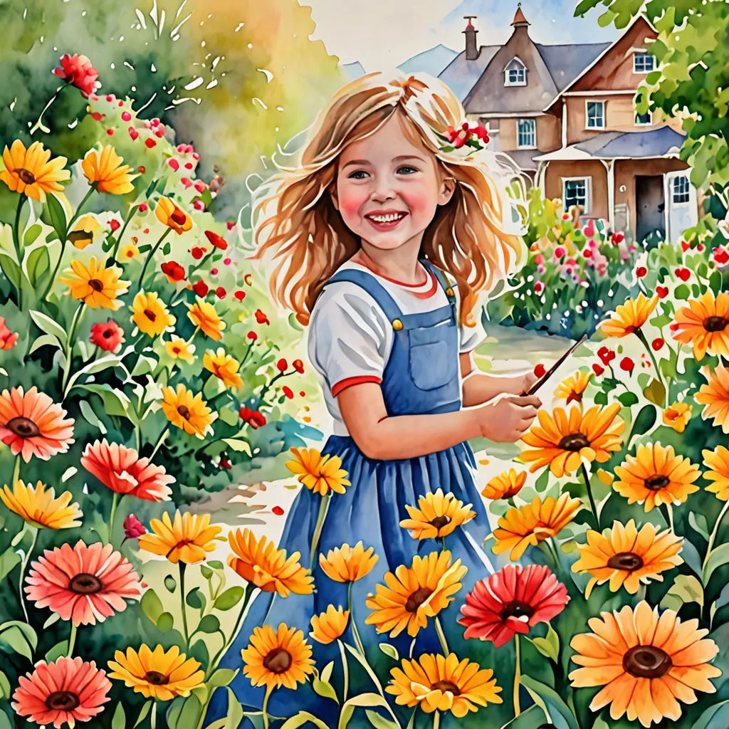 a painting of a girl in a field of flowers holding a stick and smiling at the camera with a house in the background, Carol Sutton, naive art, a storybook illustration, detailed painting