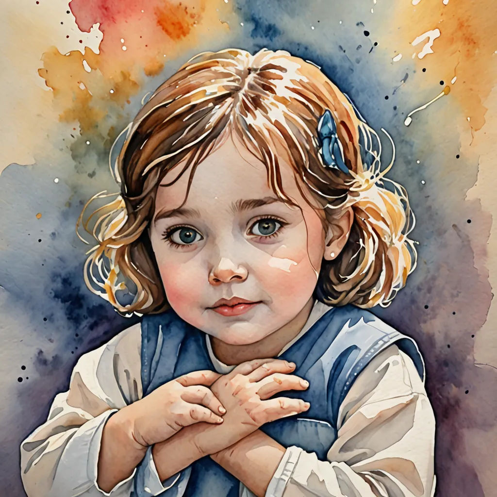 a painting of a little girl with a blue butterfly on her shoulder and hands folded in front of her chest, artist, figurative art, a watercolor painting, watercolor
