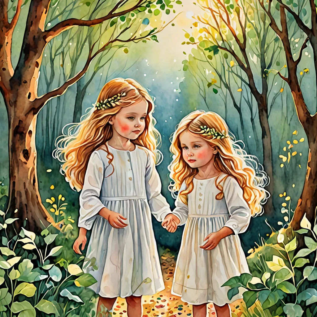 two little girls standing in the woods holding hands and looking at each other with a forest background behind them, Caroline Lucy Scott, figurative art, a storybook illustration, storybook illustration