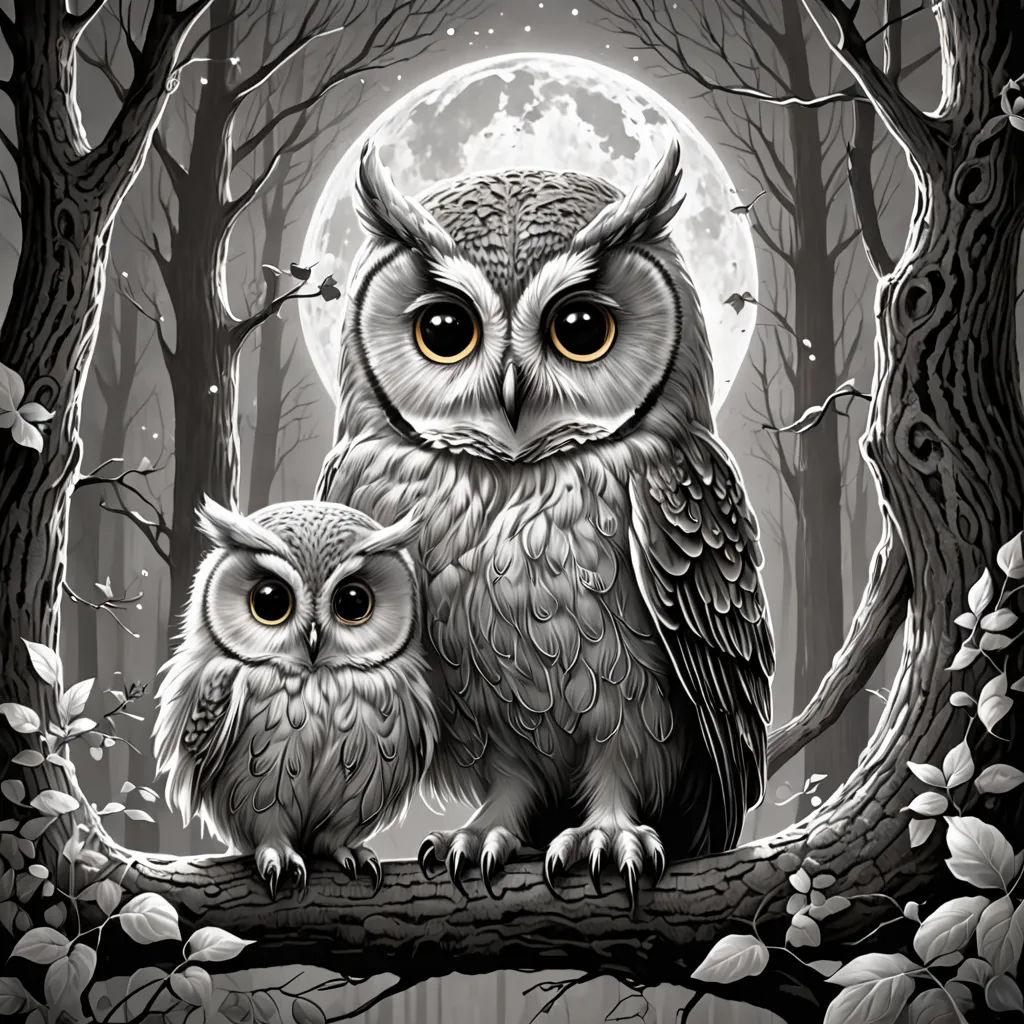 an owl and her baby sitting on a branch in the woods with a full moon in the background, with leaves and branches around the owl, gothic art, a storybook illustration, Dan Mumford, highly detailed digital painting