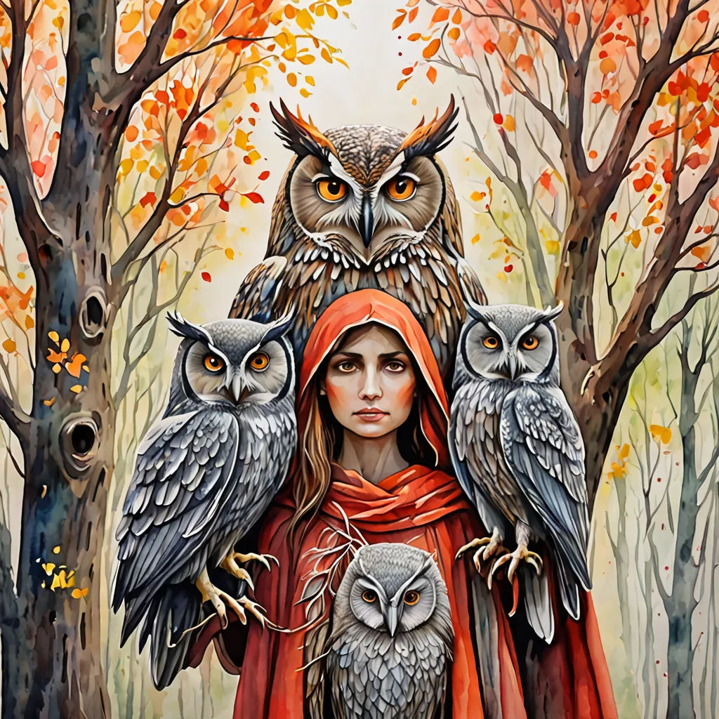a painting of a woman with three owls on her shoulders and a red cape on her head, in a forest, Amanda Sage, fantasy art, a storybook illustration, in gouache detailed paintings