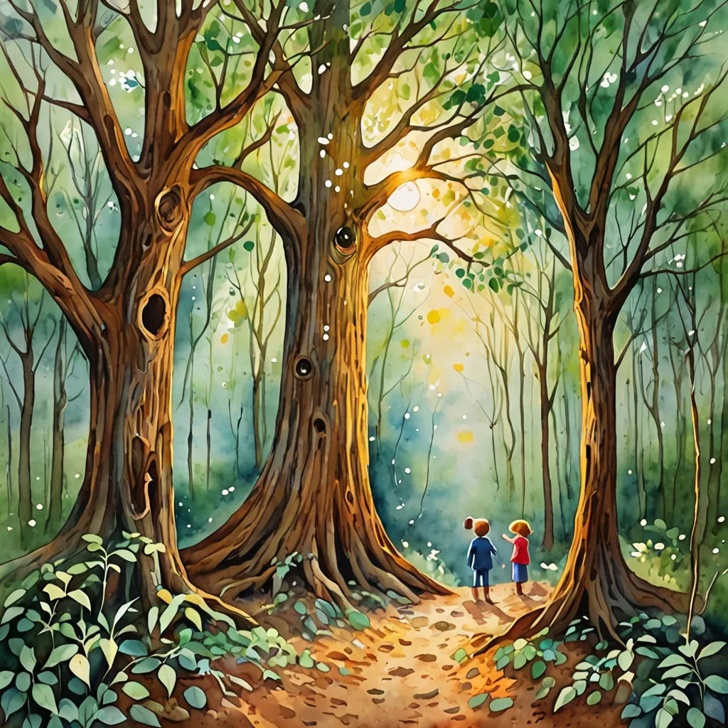 a painting of two people walking through a forest with trees and leaves on the ground, with a path leading to them, David Martin, fantasy art, a storybook illustration, storybook illustration
