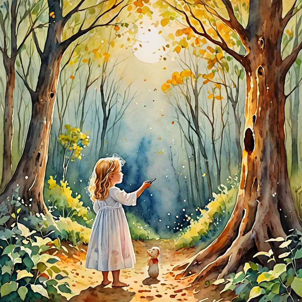 a painting of a little girl in a forest with a bird in her hand and a dog in the foreground, Carol Sutton, fantasy art, a storybook illustration, storybook illustration