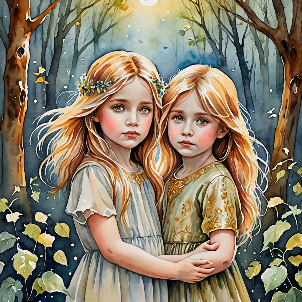 two little girls standing next to each other in a forest with a full moon in the background and leaves on the ground, Caroline Lucy Scott, gothic art, a detailed painting, highly detailed digital painting