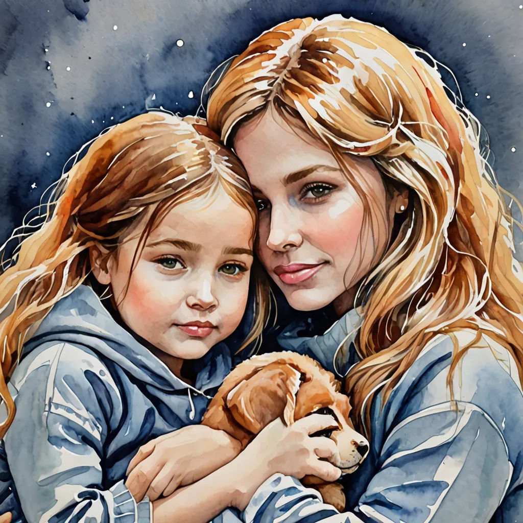 a painting of two girls hugging each other with a dog in their arms and a snow covered background behind them, Cindy Wright, figurative art, a watercolor painting, detailed painting