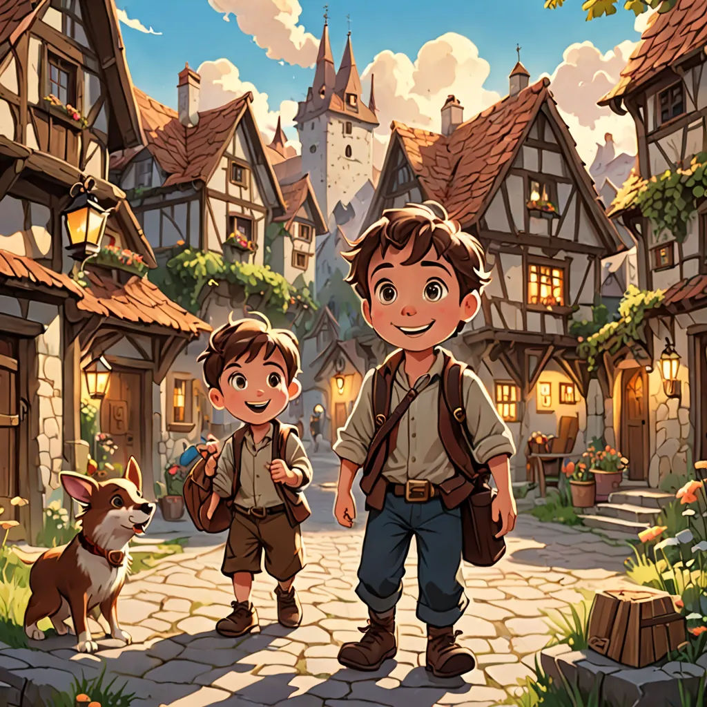 a boy and a girl are standing in front of a village with a dog and a dog on the street, Brothers Hildebrandt, fantasy art, a storybook illustration, official art