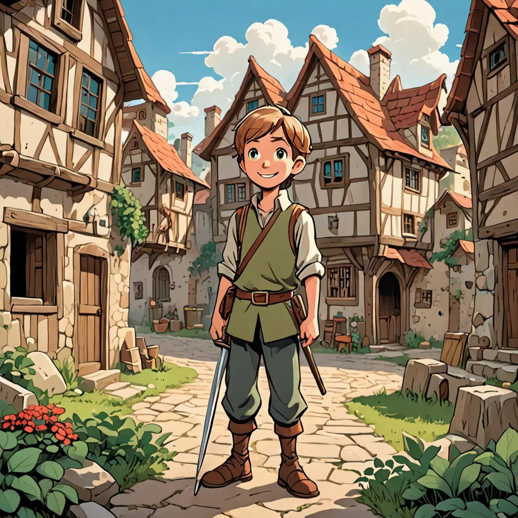 a boy in a village with a sword and a sword in his hand, standing in front of a cobblestone street, Cedric Seaut (Keos Masons), fantasy art, concept art, official art