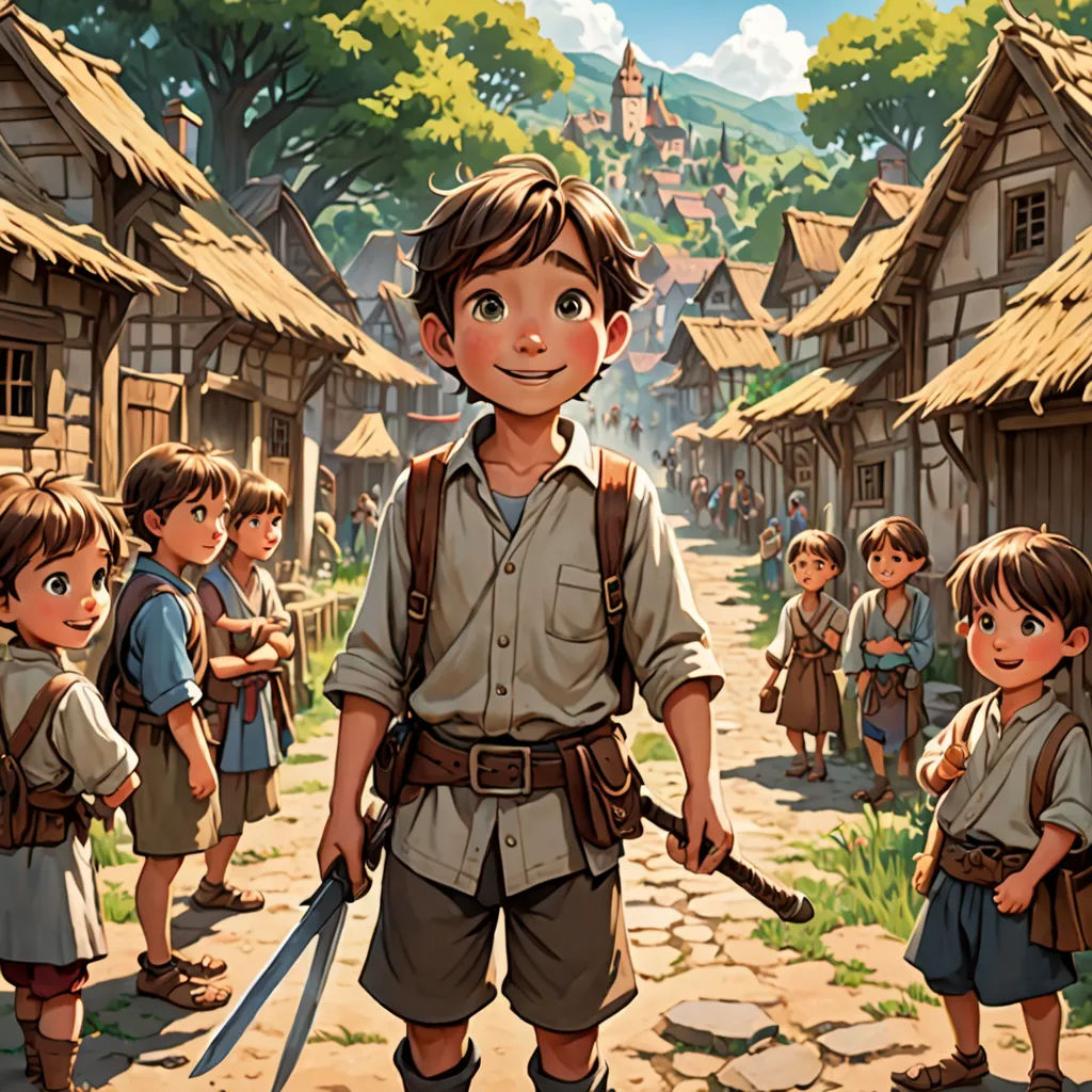 a boy with a sword standing in front of a village with children in it and a boy holding a sword, Clint Cearley, fantasy art, a storybook illustration, rossdraws global illumination