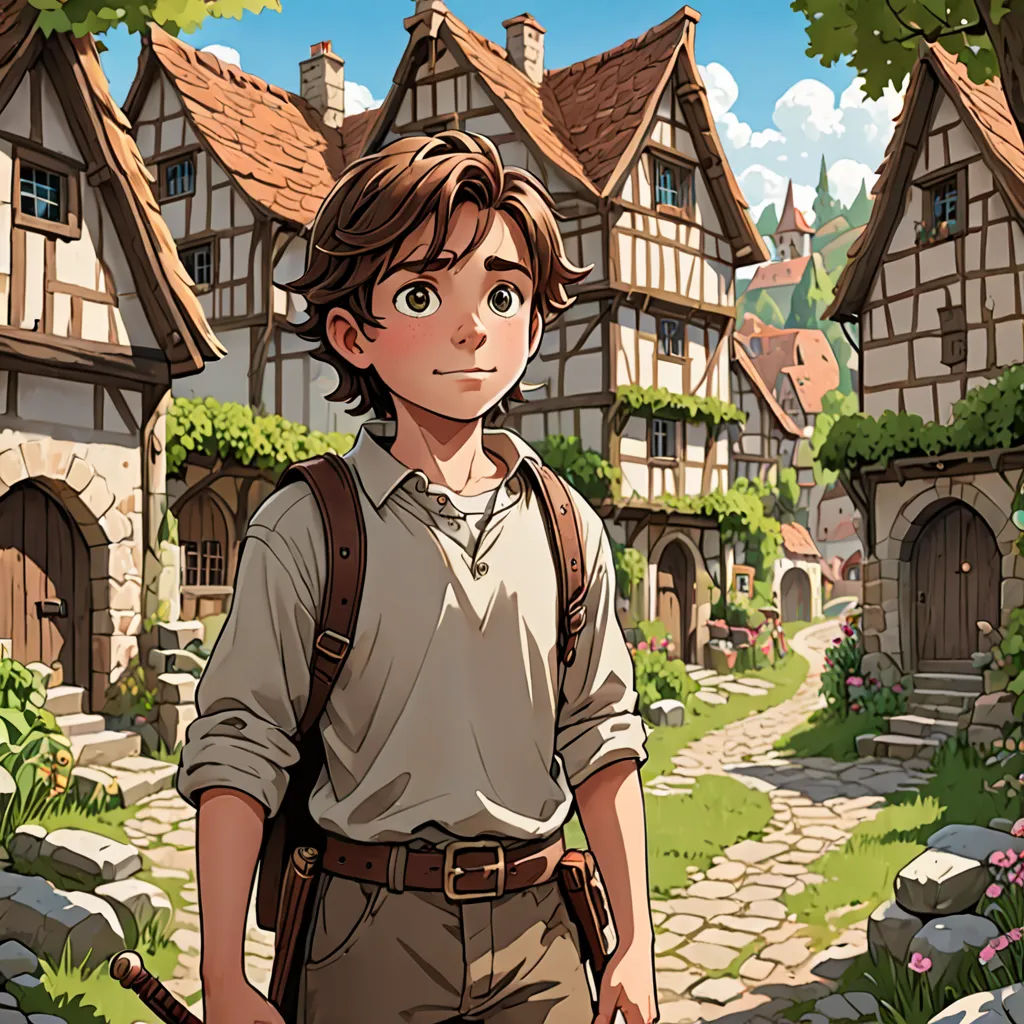 a boy with a backpack and a backpack on a path in front of a village with a stone pathway, Cedric Seaut (Keos Masons), fantasy art, a storybook illustration, rossdraws global illumination
