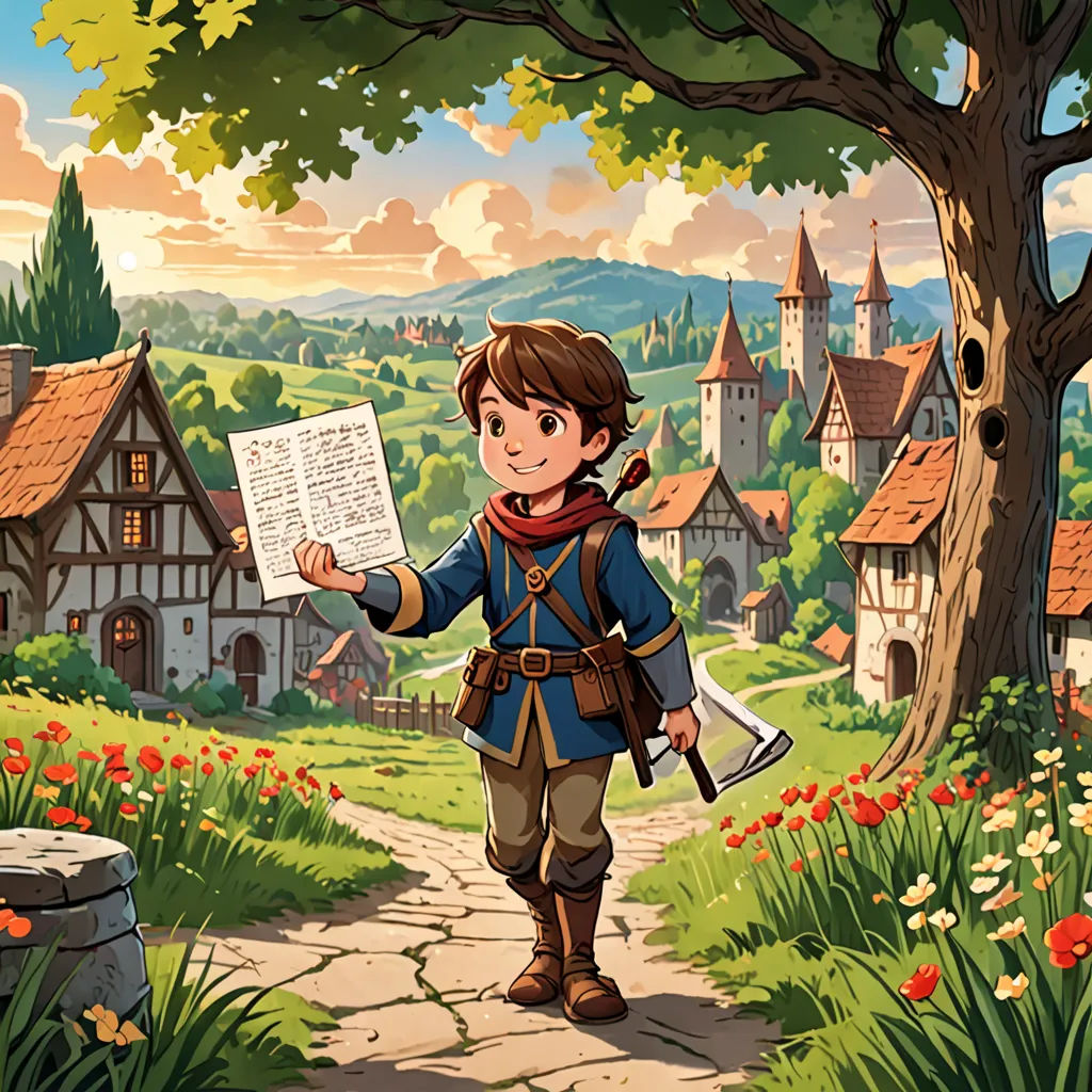 a boy is holding a paper and a paper bag in his hand while walking down a path to a village, Cedric Seaut (Keos Masons), sots art, a storybook illustration, official art