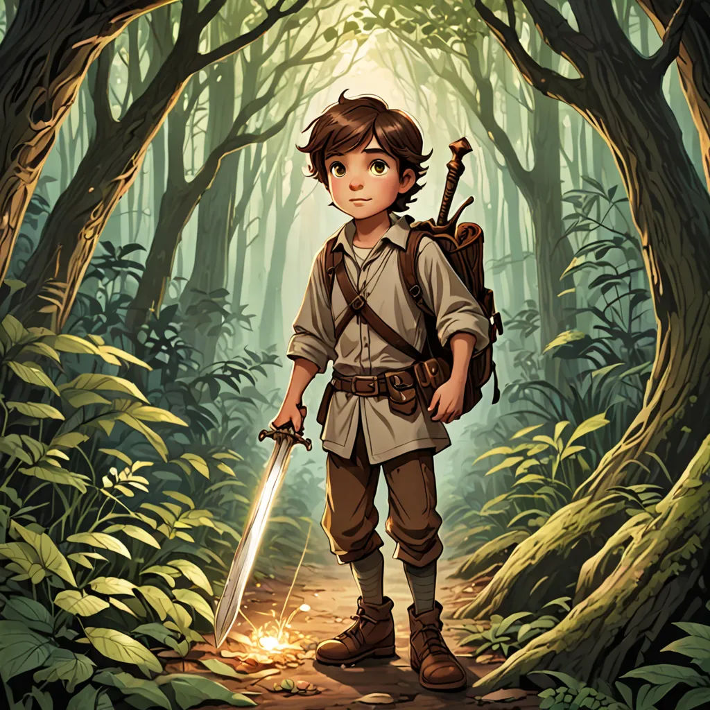 a boy with a sword in a forest with trees and leaves on the ground and a light shining through the trees, Diego Gisbert Llorens, fantasy art, a storybook illustration, rossdraws global illumination