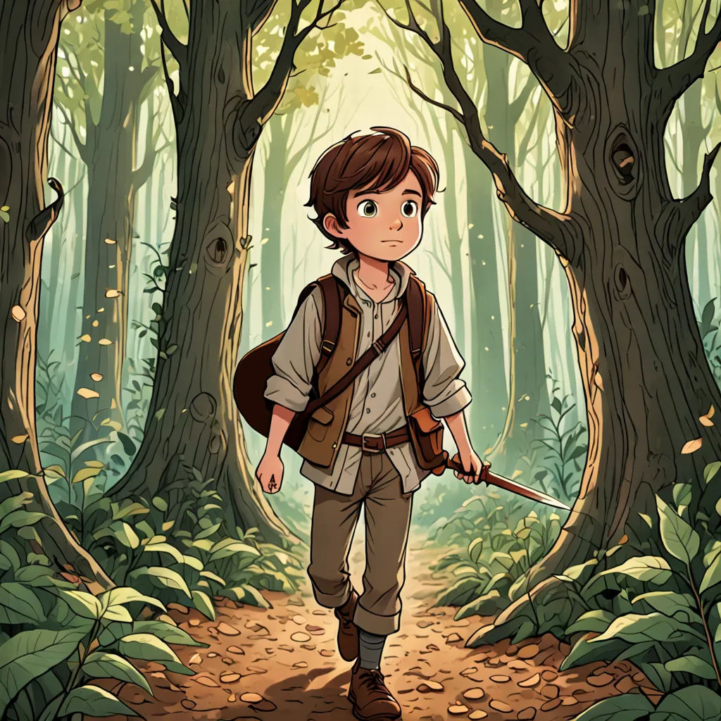 a boy with a backpack and a sword walking through a forest with trees and leaves on the ground,, Cliff Childs, fantasy art, a storybook illustration, storybook illustration