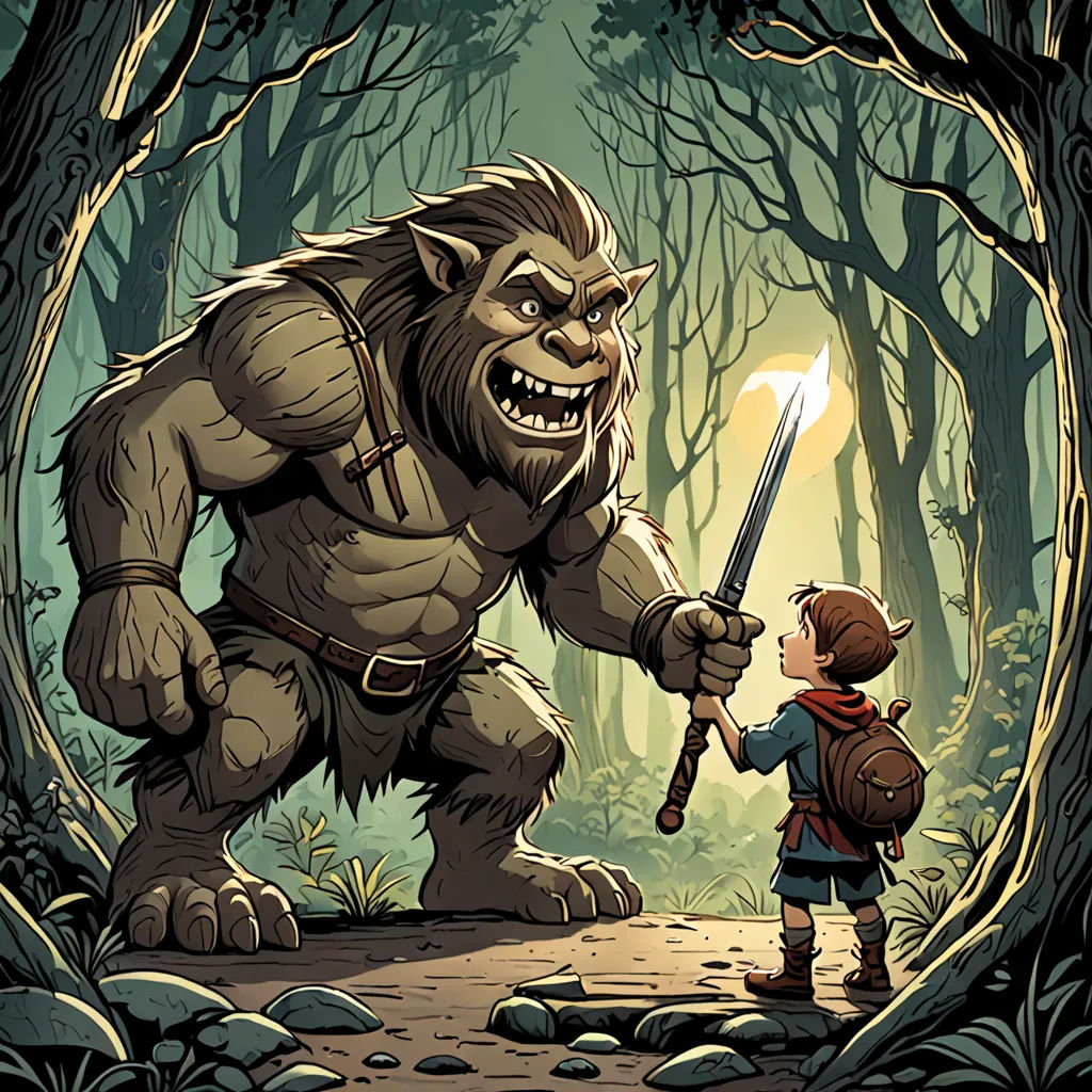 a cartoon of a boy and a bigfoot in a forest with a sword in his hand and a person holding a sword, Diego Gisbert Llorens, fantasy art, a storybook illustration, storybook illustration