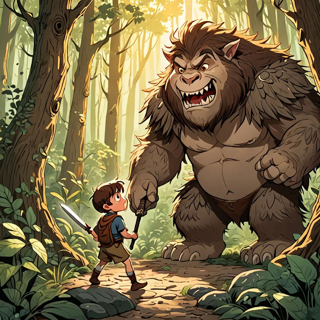 a boy is standing in the woods with a bigfoot on his back and a sword in his hand, Diego Gisbert Llorens, fantasy art, a storybook illustration, storybook illustration