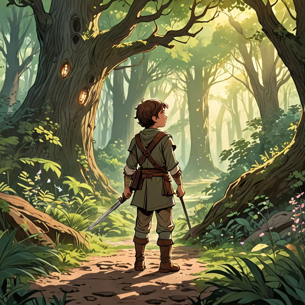 a boy in a forest with a sword looking at a light bulb in the distance with a forest background, Diego Gisbert Llorens, fantasy art, a storybook illustration, official art