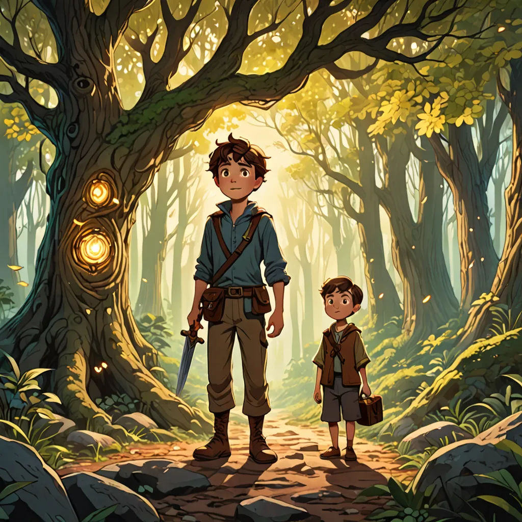 a boy and a boy standing in a forest with a light shining through the trees on the right side of the picture, Diego Gisbert Llorens, fantasy art, a storybook illustration, rossdraws global illumination