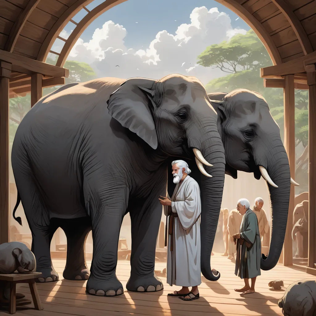 a painting of a man standing next to two elephants with tusks on their heads and two men standing next to them, fantasy art, a storybook illustration, Christophe Vacher, magic the gathering artwork