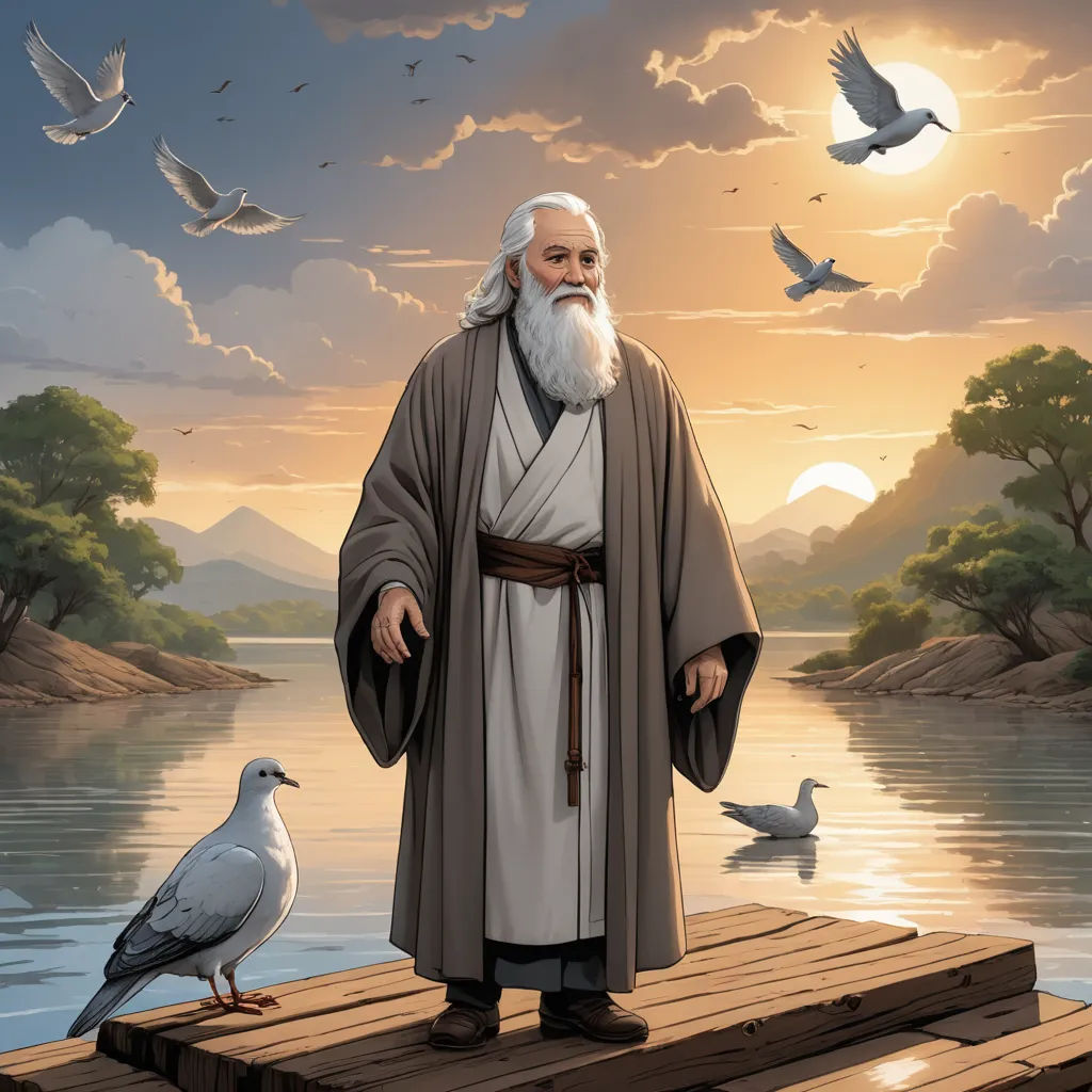 a painting of a man standing on a dock with a bird nearby and a sunset in the background with birds flying overhead, naturalism, a storybook illustration, F Scott Hess, storybook illustration