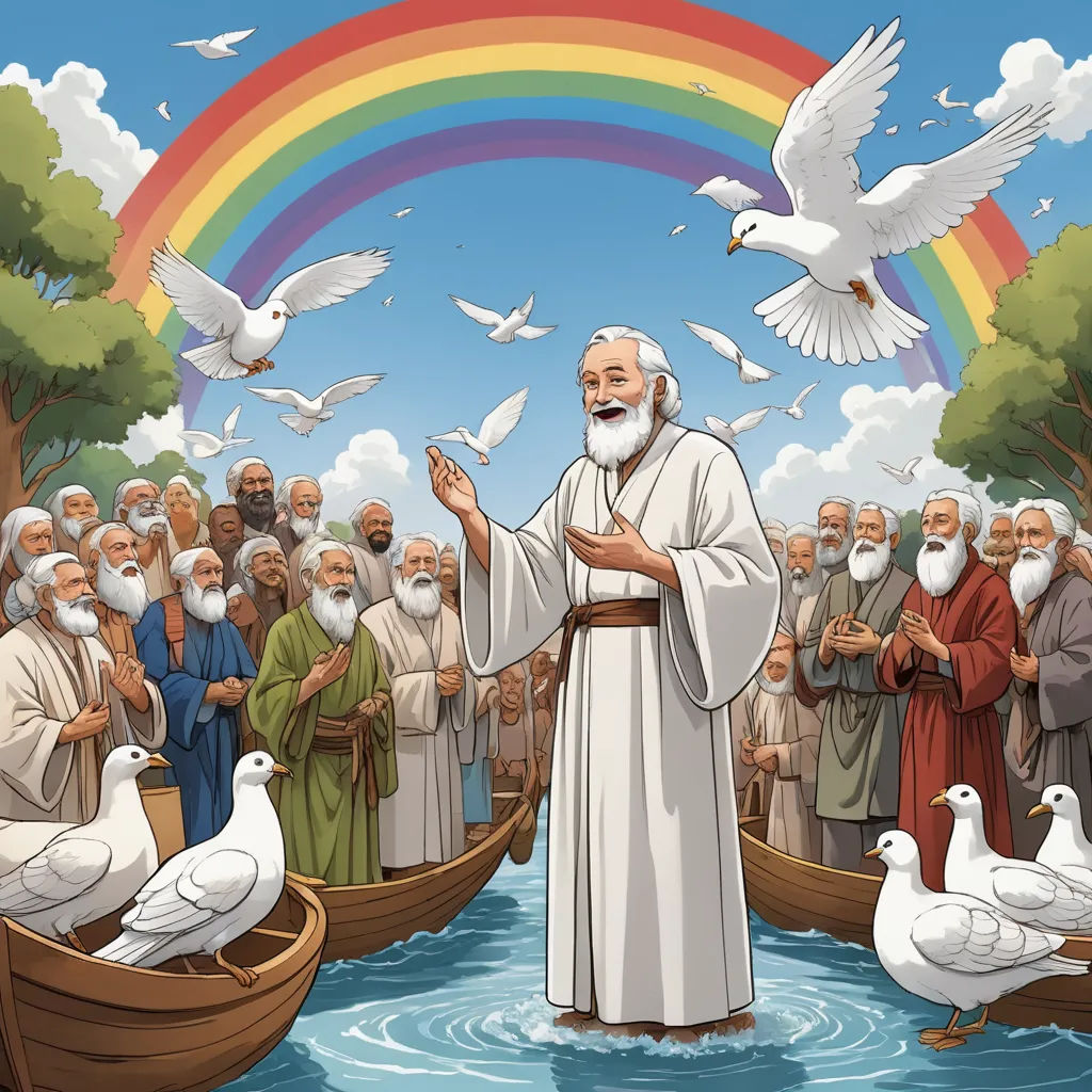 a man standing in front of a group of people with pigeons flying around him and a rainbow in the background, naive art, a storybook illustration, F Scott Hess, furaffinity