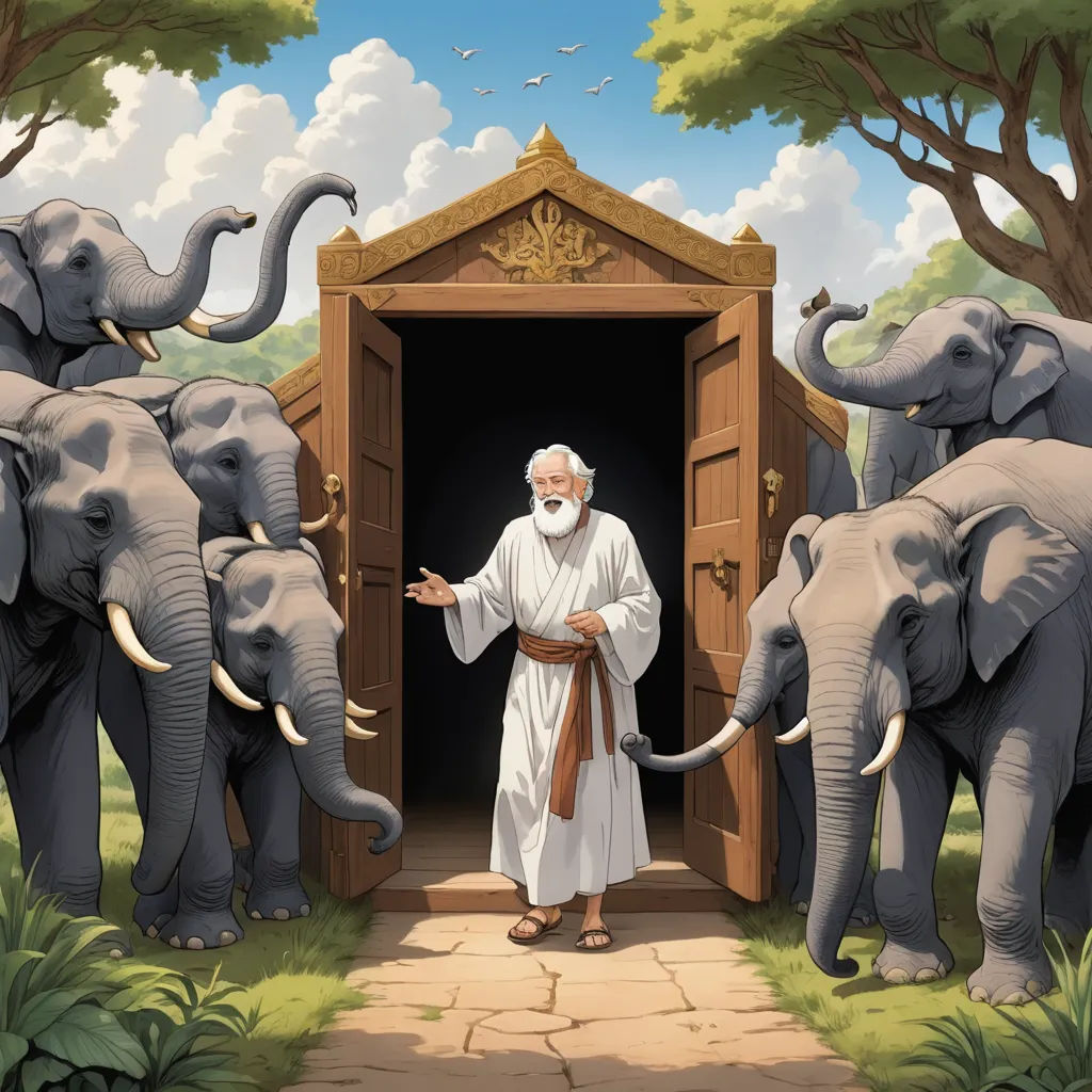 a man standing in front of a doorway with elephants surrounding him and a man in a white robe standing in front of a doorway with elephants, sumatraism, a storybook illustration, Christophe Vacher, furaffinity