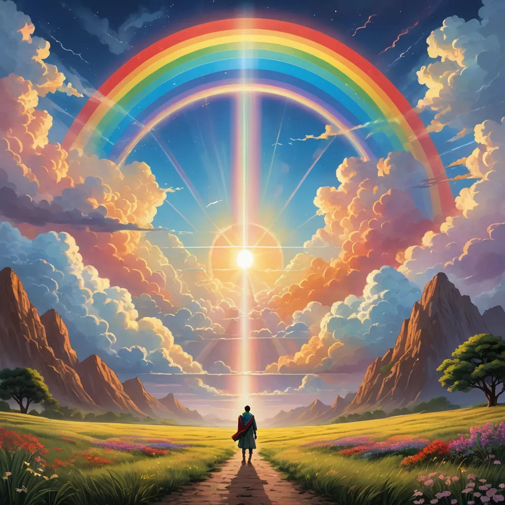 a painting of a person walking down a path towards a rainbow in the sky with clouds and a rainbow, fantasy art, a painting, Christophe Vacher, rossdraws global illumination