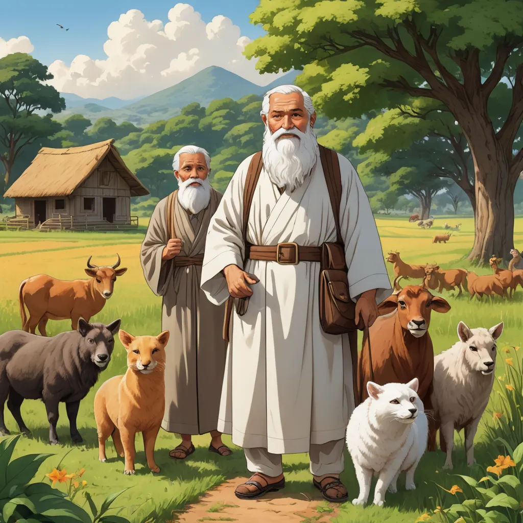 a painting of a man standing in a field with animals and a dog in front of him and a house, naive art, a storybook illustration, Asaf Hanuka, furaffinity