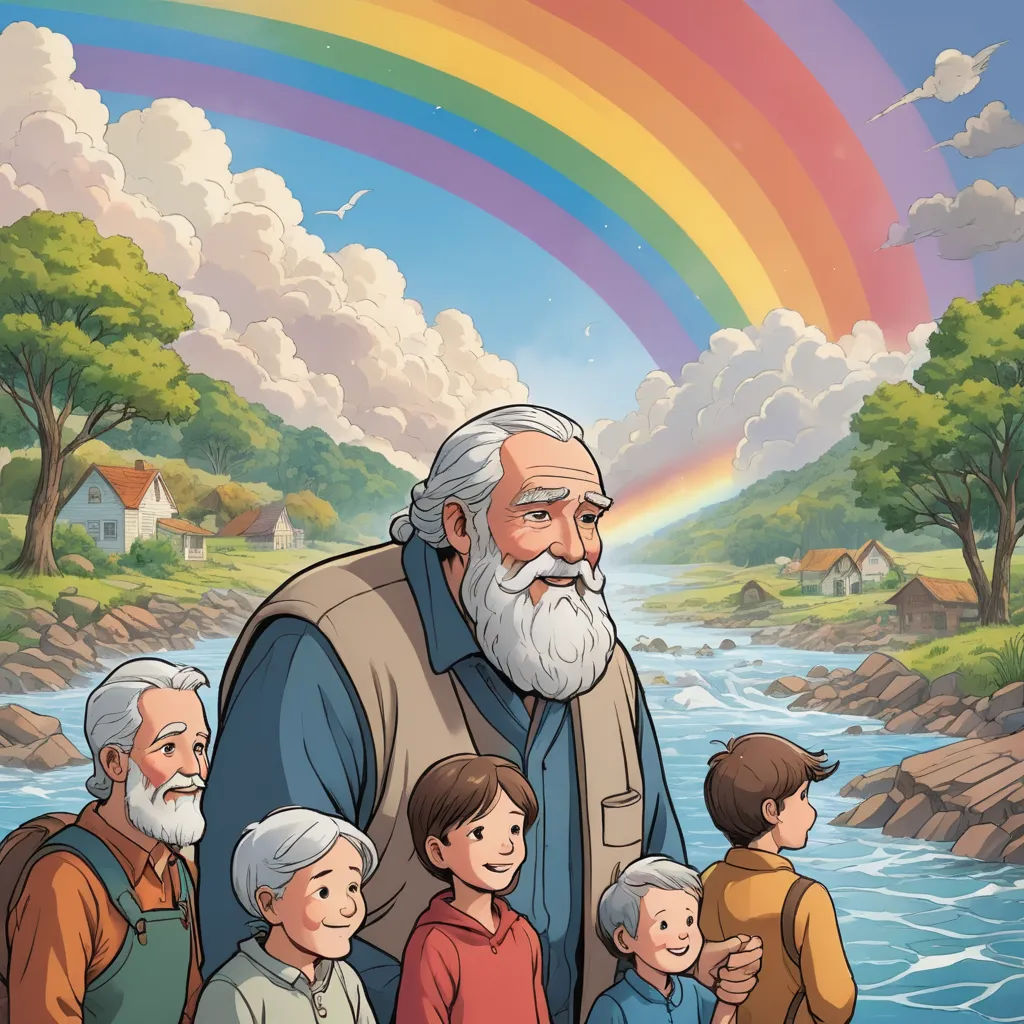 a man with a beard and a group of children standing in front of a river with a rainbow in the background, symbolism, a storybook illustration, Cliff Childs, comic cover art