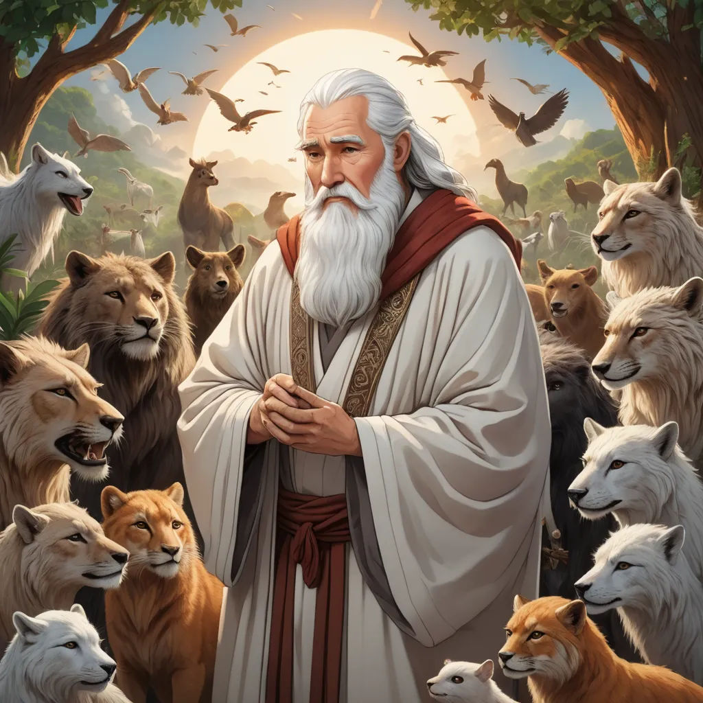 a painting of a man surrounded by animals and birds in a forest with a sun in the background and a tree, furry art, a detailed painting, Cyril Rolando, furaffinity