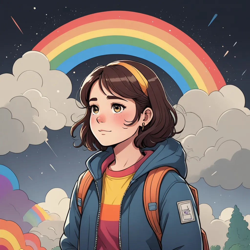 a girl with a backpack standing in front of a rainbow and clouds with a rainbow in the background and a rainbow in the sky, space art, a character portrait, Atey Ghailan, official art