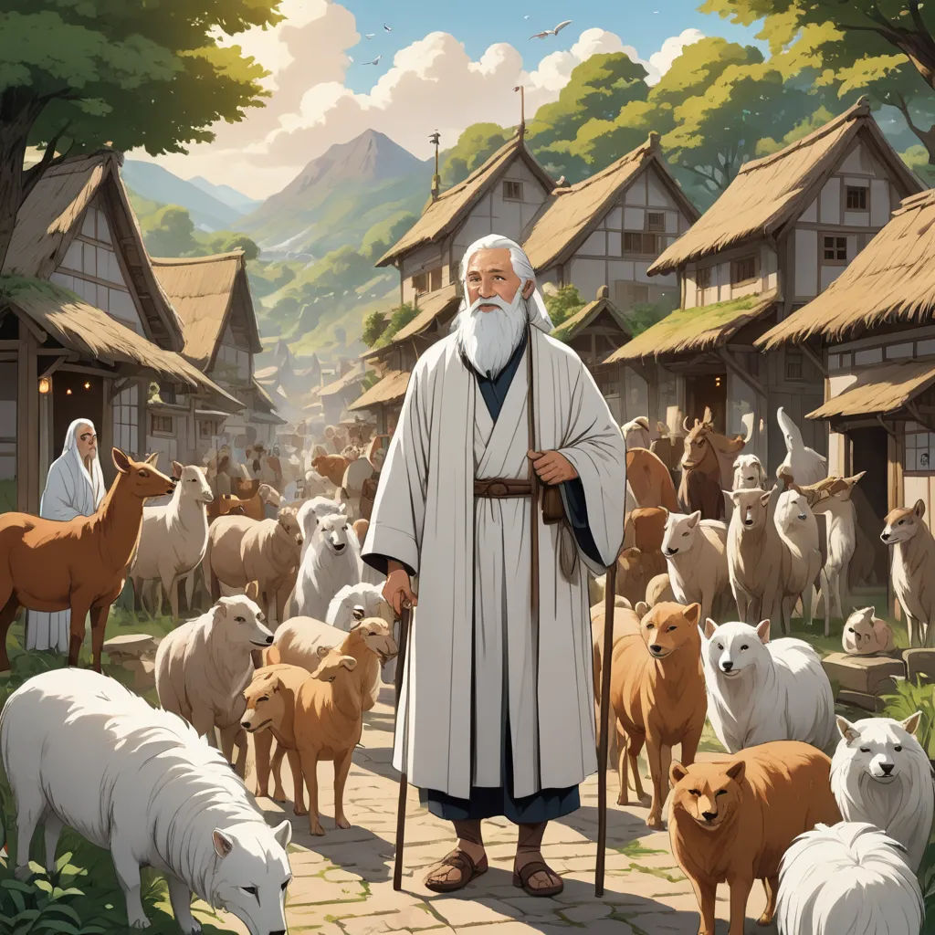 a man standing in front of a herd of sheep and sheepdogs in a village with a man in a white robe, fantasy art, a storybook illustration, Christophe Vacher, storybook illustration