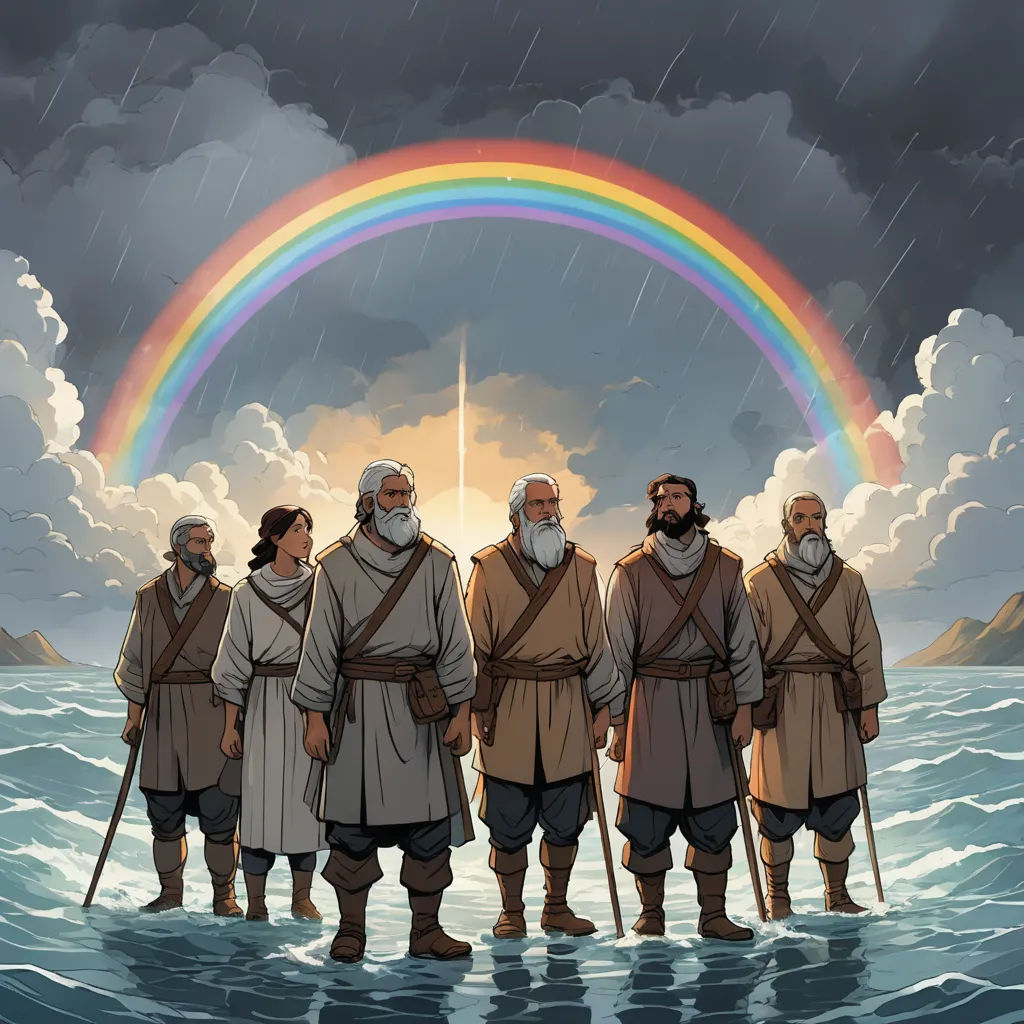 a group of men standing in the water under a rainbow in the sky with clouds and a rainbow behind them, rayonism, a comic book panel, Asaf Hanuka, comic cover art