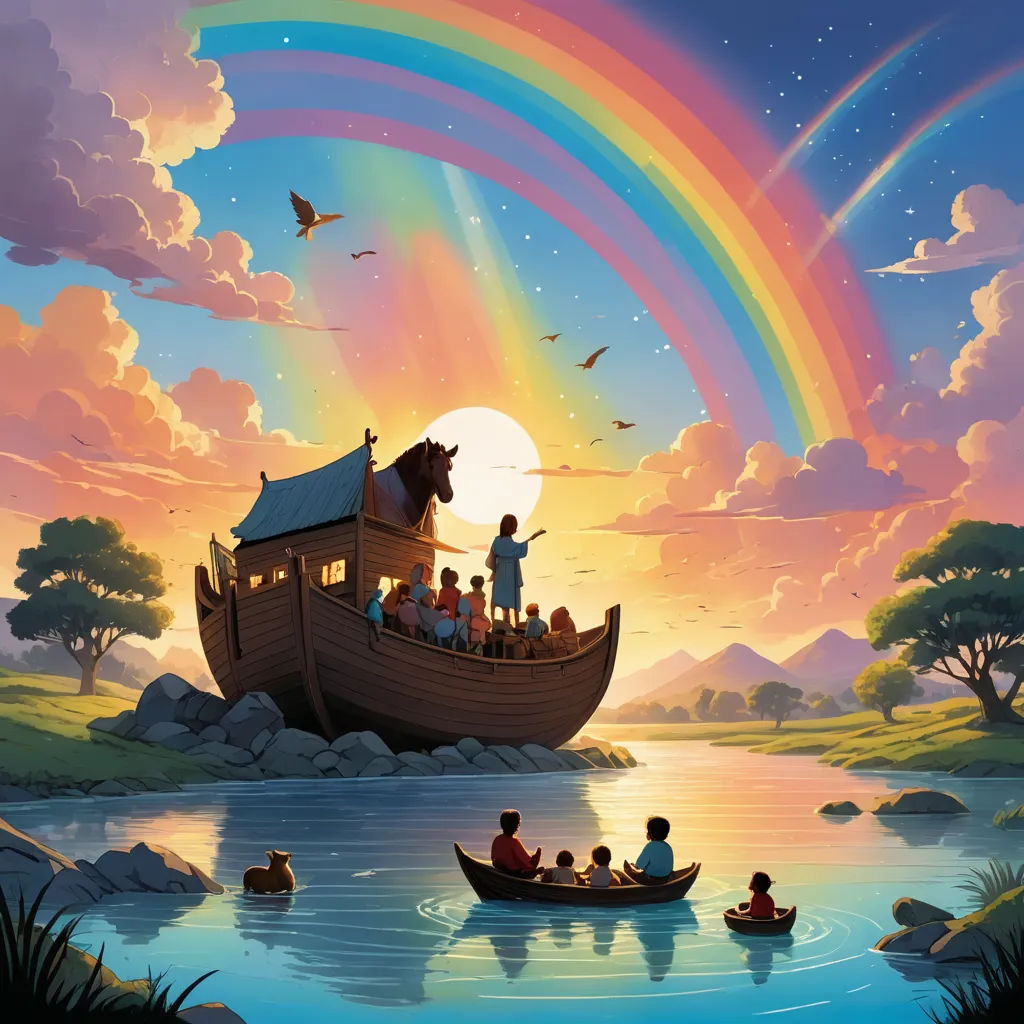 a painting of a boat full of people floating on a lake with a rainbow in the background and a rainbow in the sky, fantasy art, a storybook illustration, Chris LaBrooy, storybook illustration