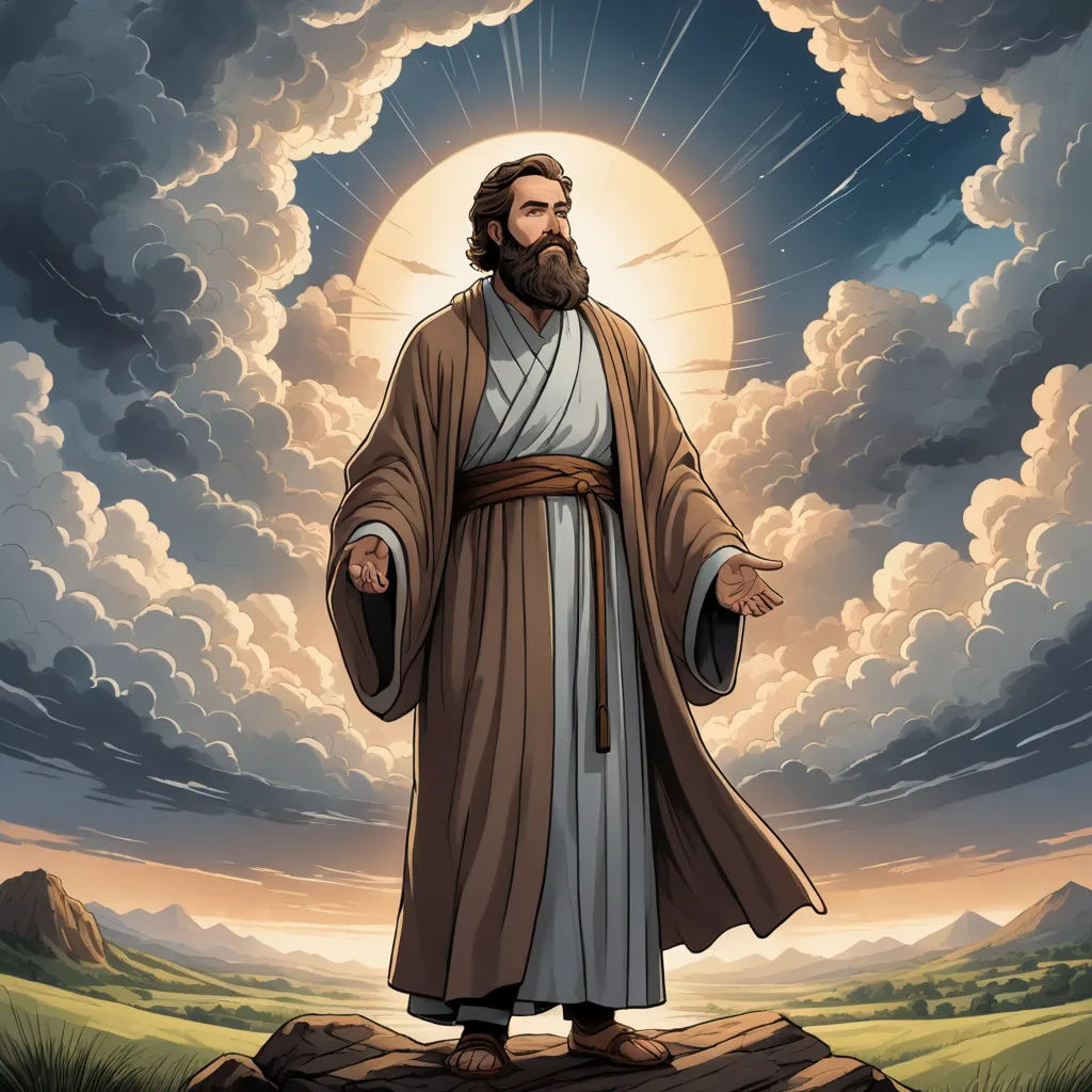 a painting of jesus standing on a rock in front of a cloudy sky with a sun behind him and clouds, rayonism, a character portrait, Christophe Vacher, rossdraws global illumination