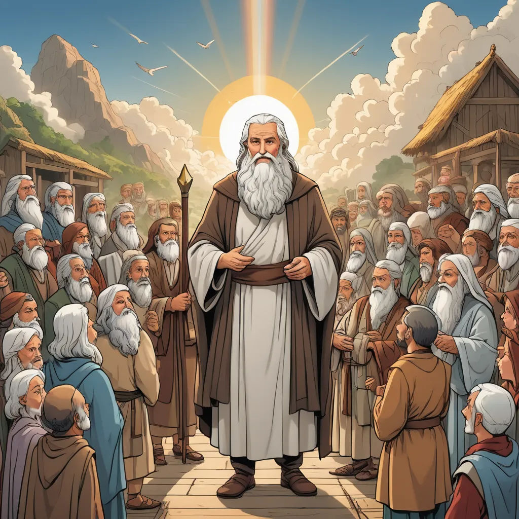 a painting of a man standing in front of a crowd of people with a cross on his chest and a halo above his head, rayonism, a storybook illustration, Christophe Vacher, highly detailed digital painting