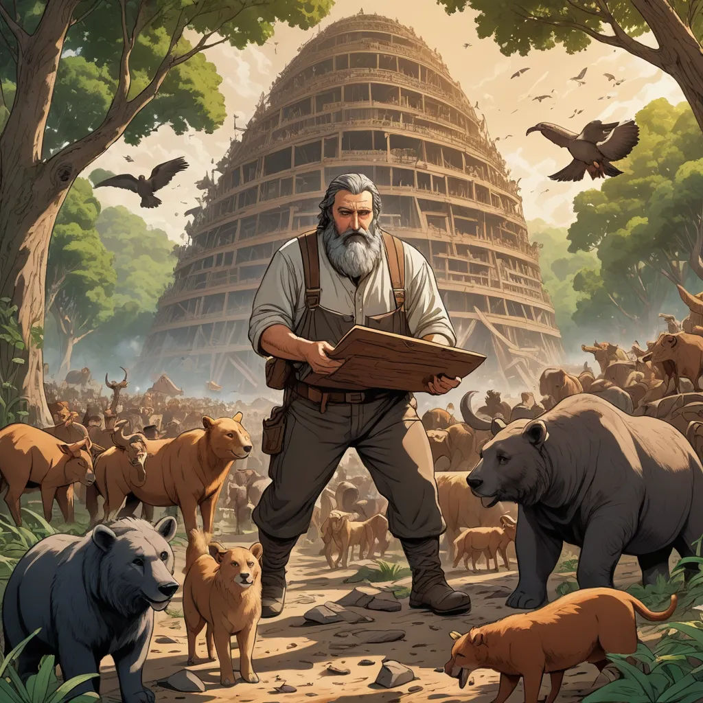 a man with a beard and a beard is walking through a forest with animals and birds around him,, primitivism, a storybook illustration, Dan Mumford, comic cover art