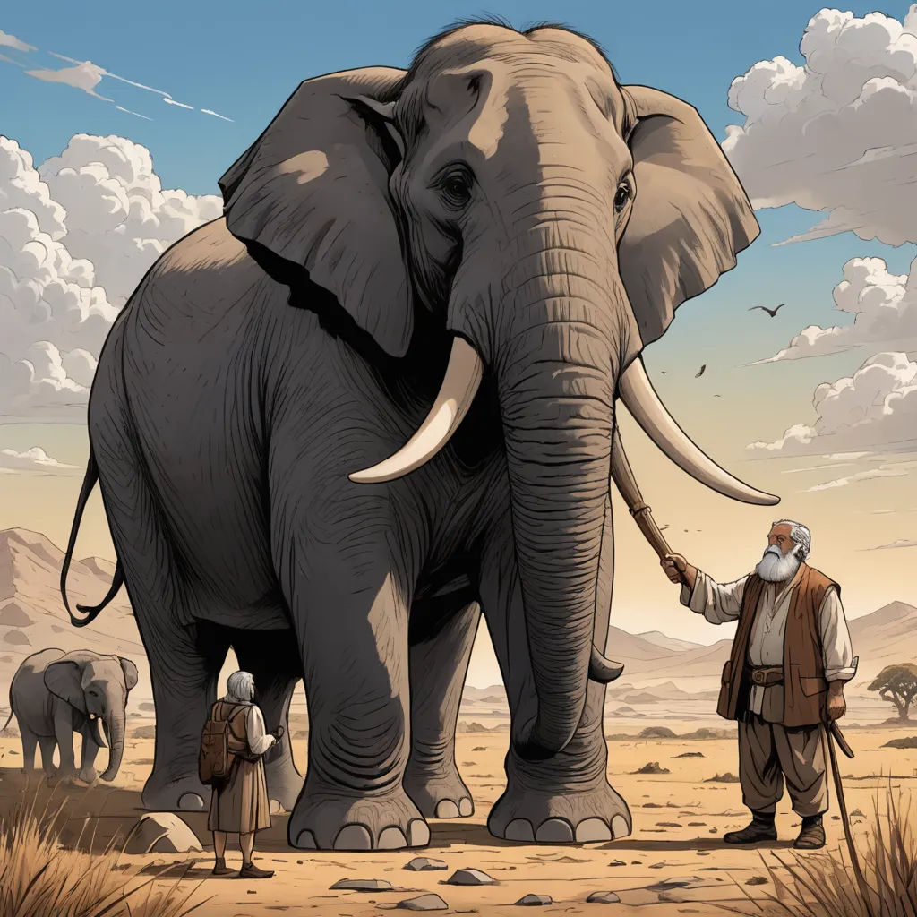 a man is holding the trunk of an elephant with two men standing nearby and a sky with clouds in the background, naturalism, a storybook illustration, Chris LaBrooy, highly detailed digital painting