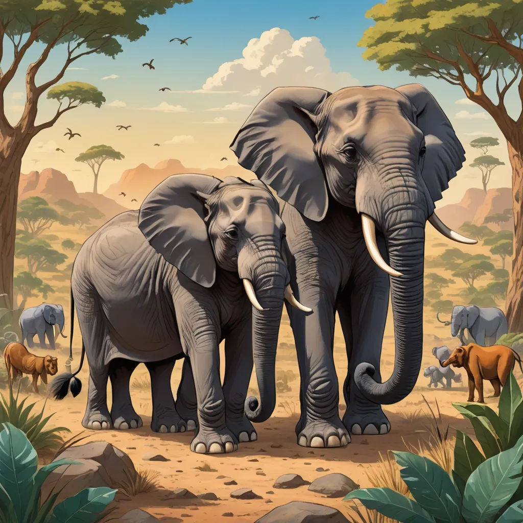 two elephants standing in a forest with other animals in the background and a sky background with clouds and trees, naive art, a storybook illustration, Chris LaBrooy, highly detailed digital painting