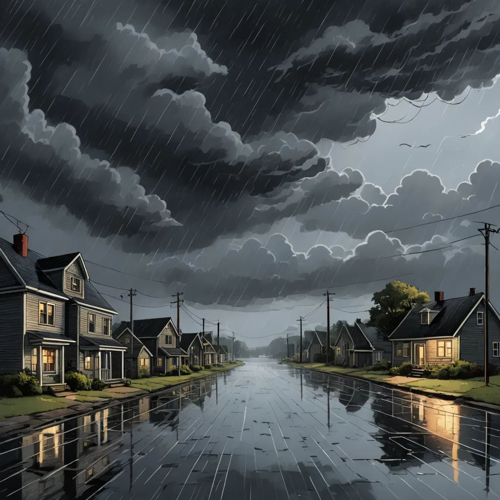 a painting of a storm moving in over a flooded street with houses and a street light in the distance, american scene painting, a matte painting, Evgeny Lushpin, gloomy atmosphere