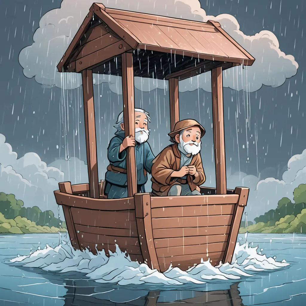 a man and a woman are sitting in a boat in the water while the man is standing in the boat, incoherents, a storybook illustration, Diego Gisbert Llorens, storybook illustration
