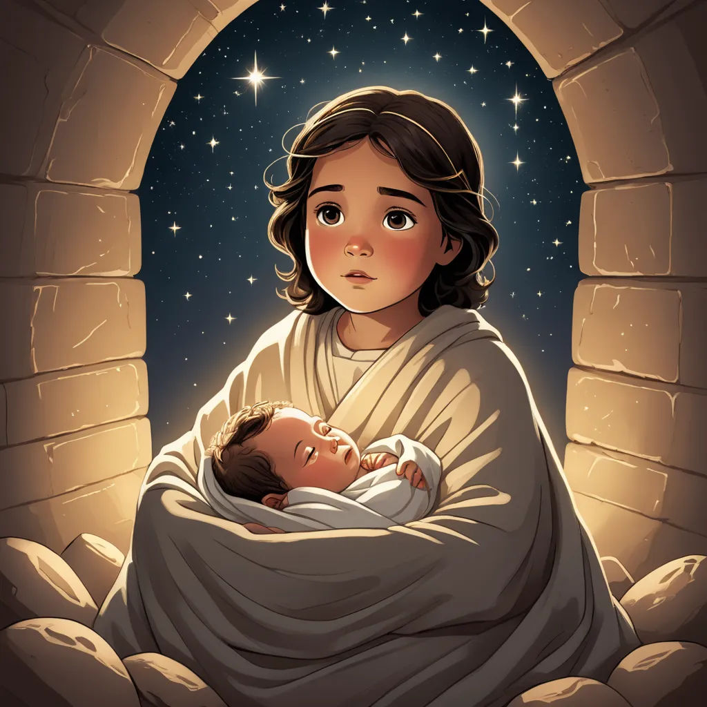 a baby jesus in a manger with a star in the sky above it and a brick wall behind it, magical realism, a storybook illustration, Diego Gisbert Llorens, storybook illustration