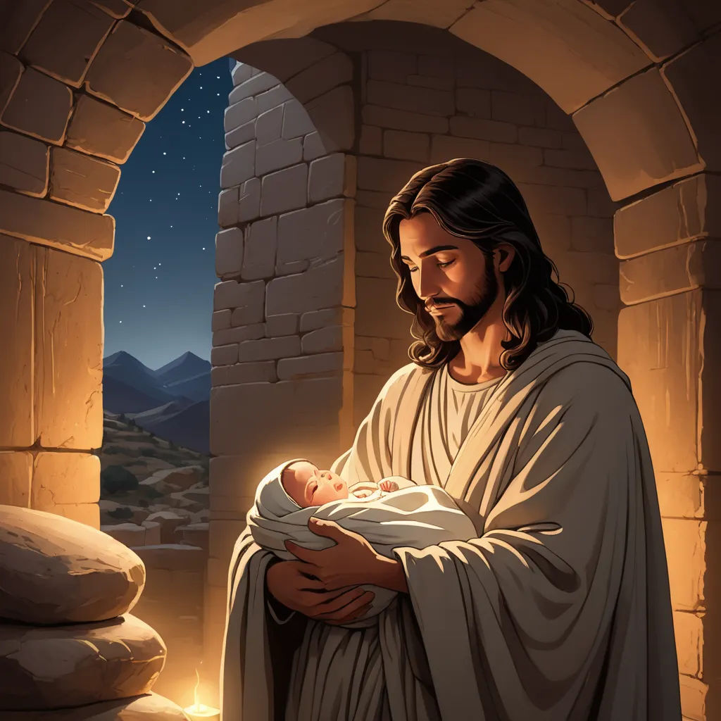 a painting of jesus holding a baby in his arms in a doorway with a mountain view in the background, gothic art, a storybook illustration, Edward Otho Cresap Ord, II, radiant light