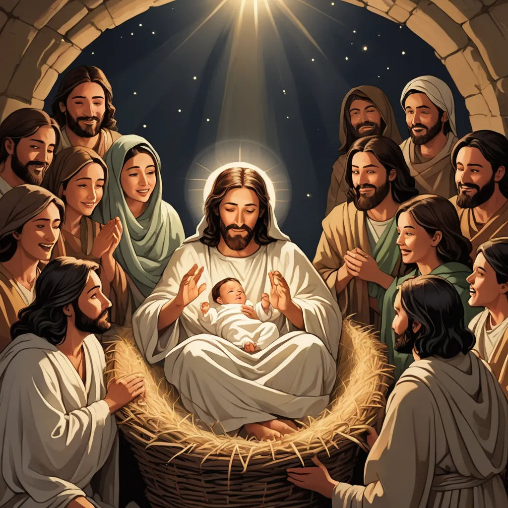 a painting of jesus in the manger with his family and baby jesus in the manger scene with the light of the world, net art, a storybook illustration, Brothers Hildebrandt, radiant light