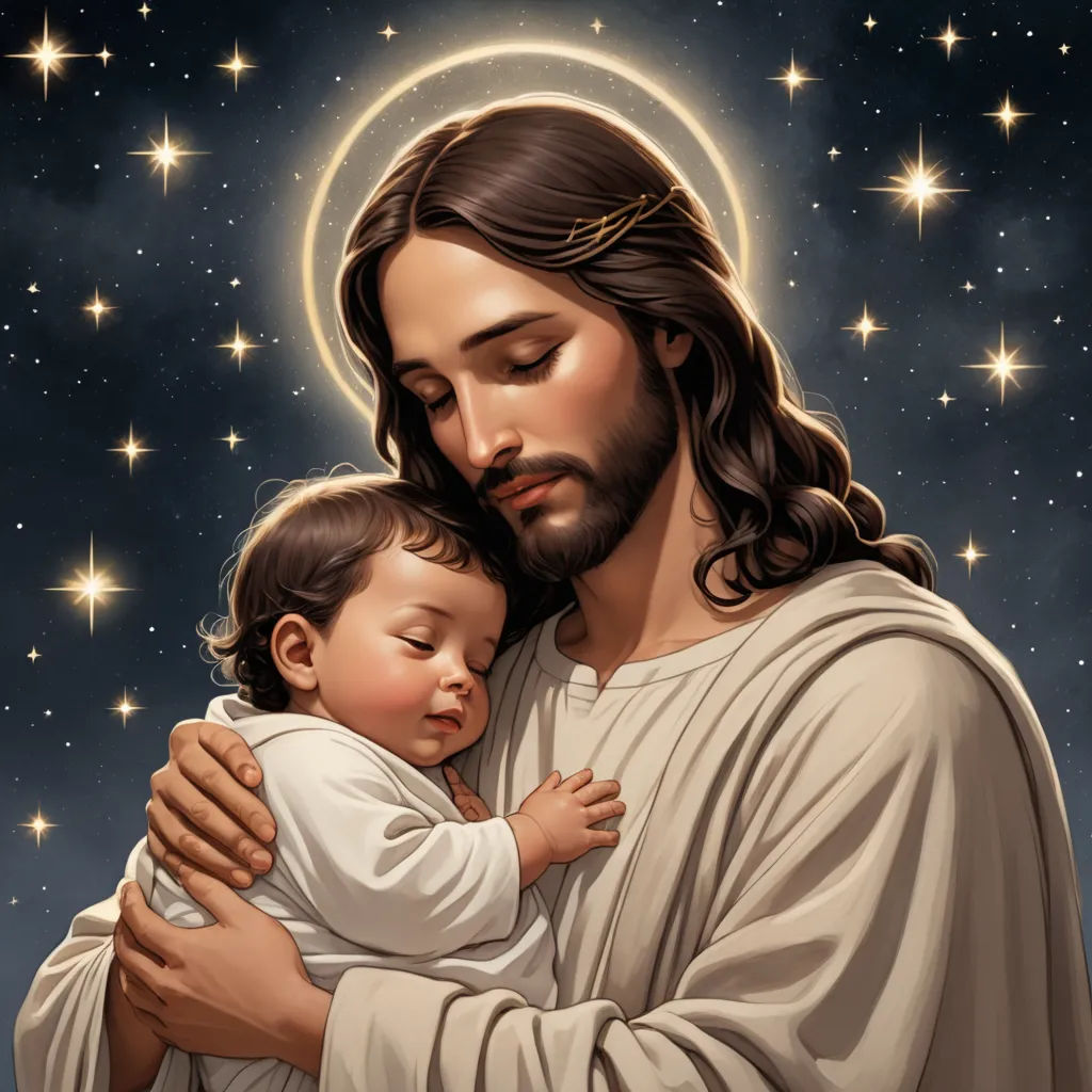 a painting of jesus holding a child in his arms with stars in the background of the sky behind him, gothic art, a storybook illustration, Fra Angelico, radiant light