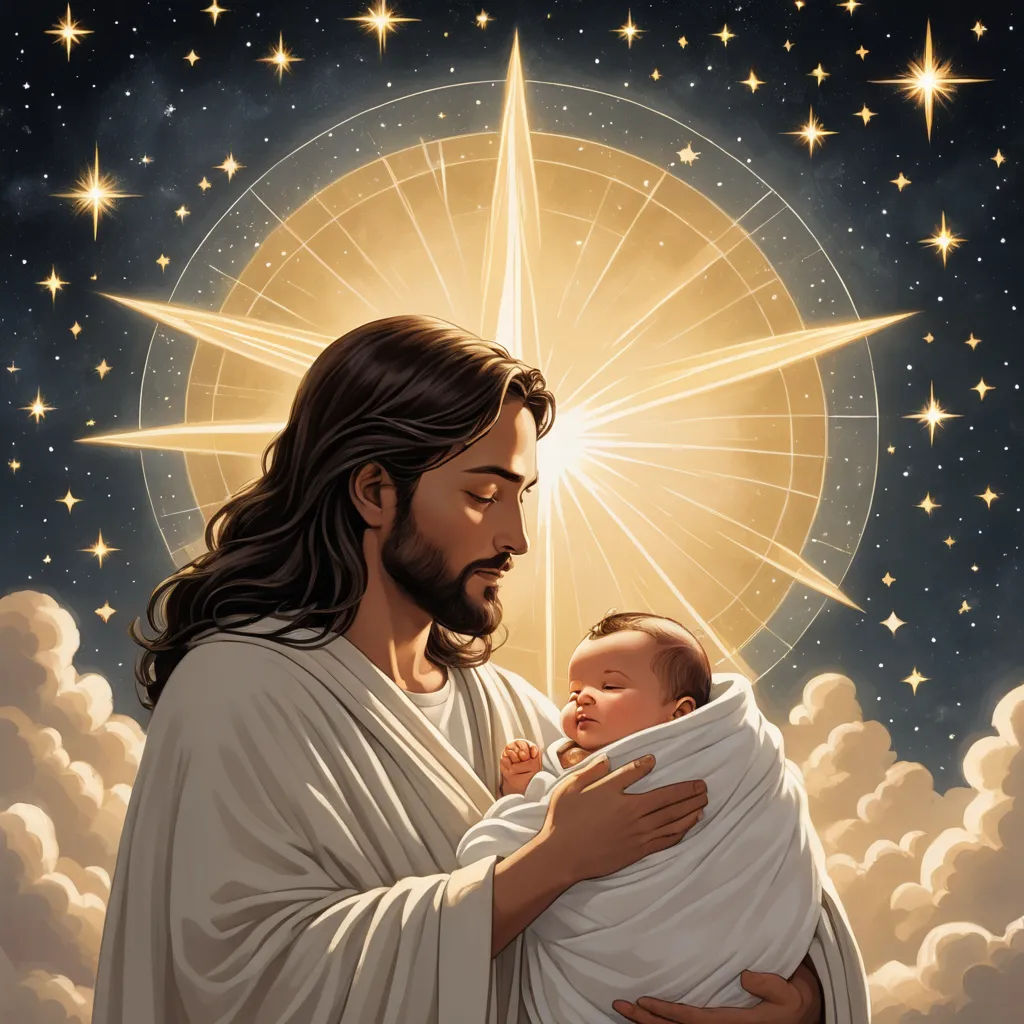a painting of jesus holding a baby in his arms with a star above it and clouds in the background, precisionism, a storybook illustration, Drew Struzan, radiant light