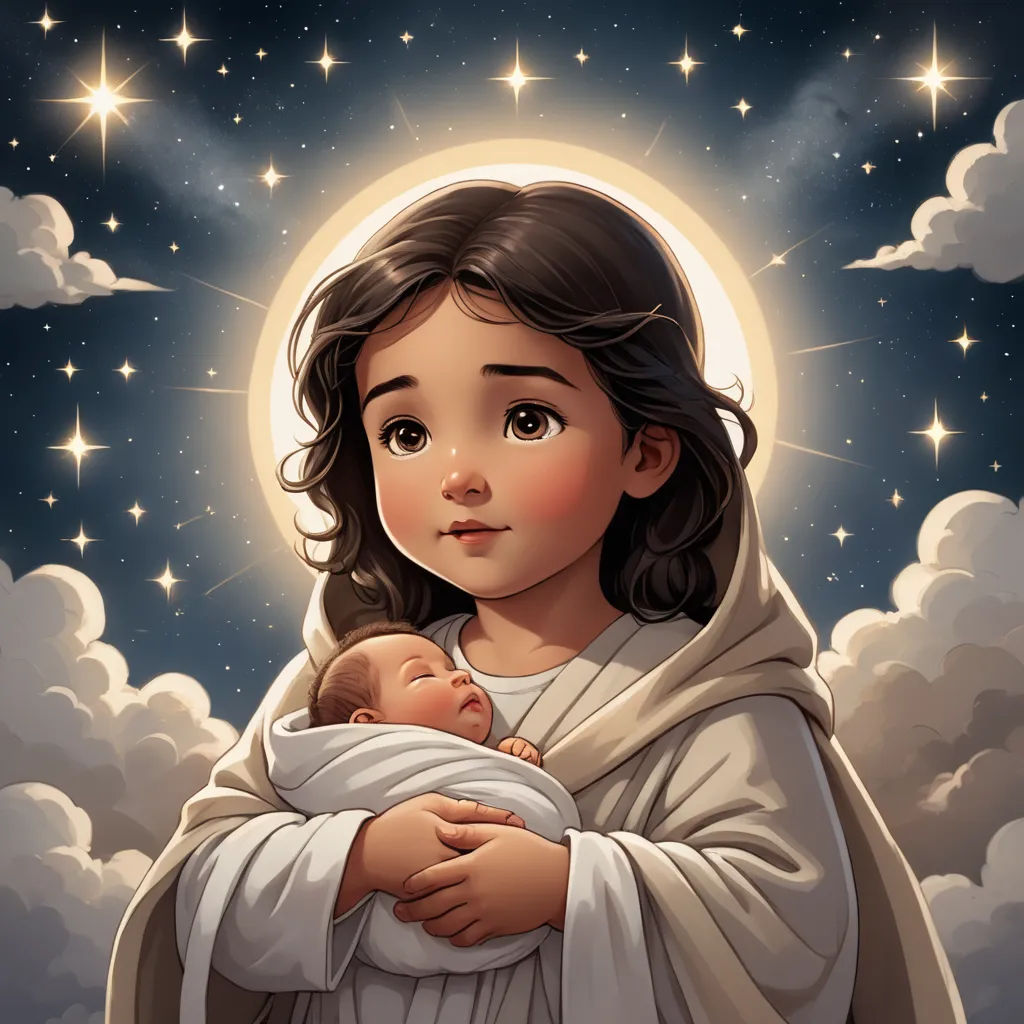 a painting of a little girl holding a baby in her arms with a sky background and stars in the sky, gothic art, a storybook illustration, Anne Stokes, trending on art station