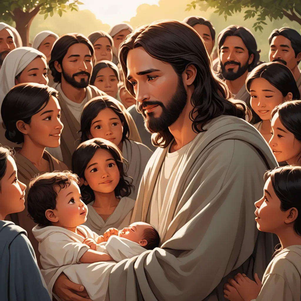 a painting of jesus holding a baby in his arms with a crowd of people behind him in the background, american scene painting, a storybook illustration, Brothers Hildebrandt, rossdraws global illumination