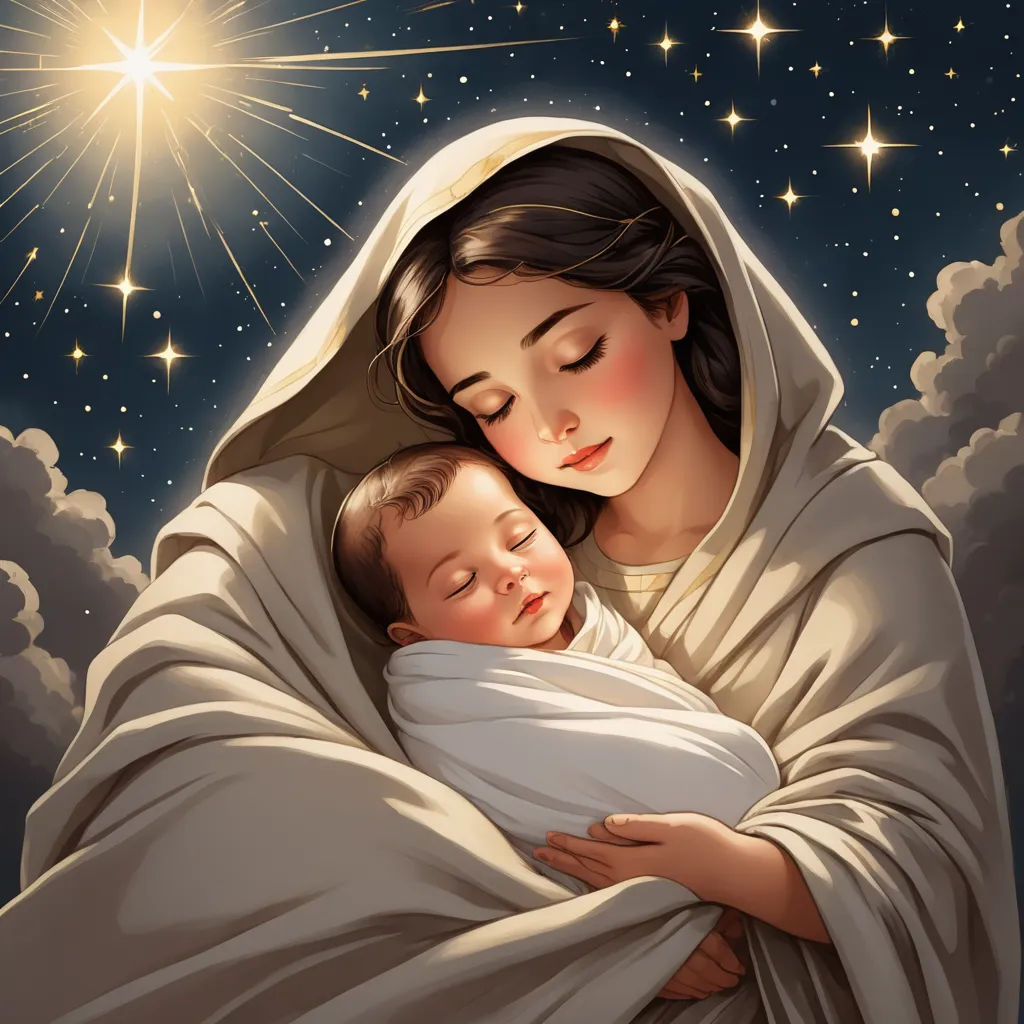 a painting of a woman holding a baby in her arms with a star above her head and the sky in the background, gothic art, a fine art painting, Donato Giancola, radiant light