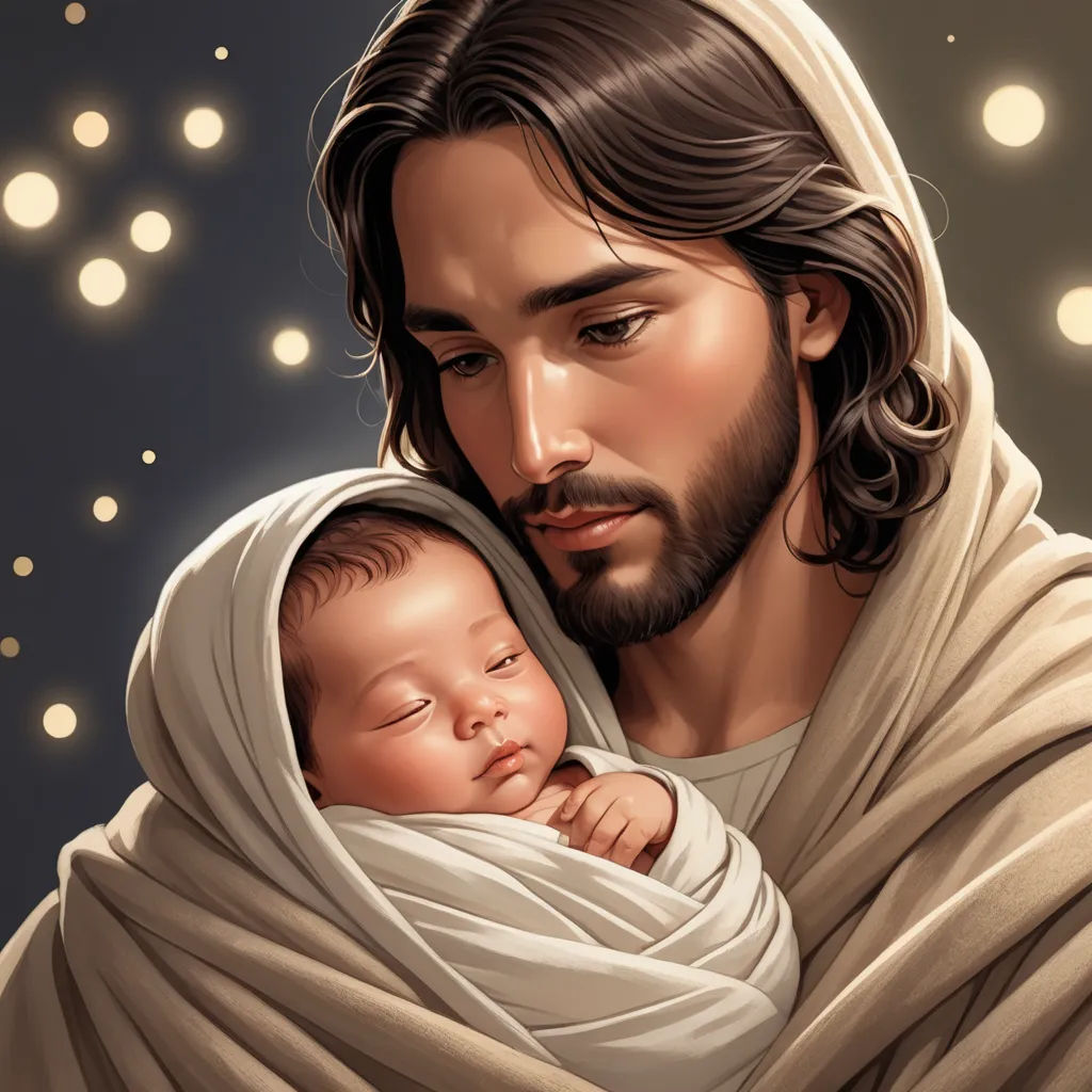 a painting of jesus holding a baby wrapped in a blanket with stars in the background and a starburst in the sky, gothic art, a storybook illustration, Edward Otho Cresap Ord, II, radiant light
