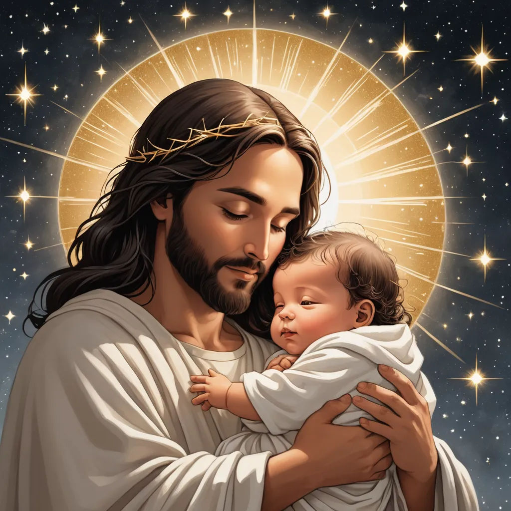 a painting of jesus holding a baby in his arms with stars in the background of the image of the sun, gothic art, a storybook illustration, Edward Otho Cresap Ord, II, radiant light
